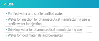 Use Purified water and sterile purified water Water for injection for pharmaceutical manufacturing use & sterile water for njection Drinking water for pharmaceutical manufacturing use Water for food materials and beverages