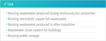 Use Reusing wastewater produced during semiconductor production Reusing electrolytic copper foil wastewater Reusing wastewater produced in other industries Wastewater reuse system for buildings Reusing public sewage