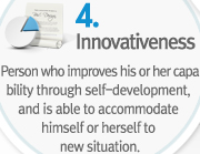 4.Innovativeness Person who improves his or her capability through self-development, and is able to accommodate himself or herself to new situation.
